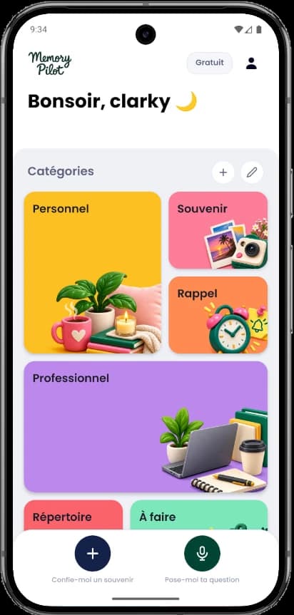 The MemoryPilot home screen on a phone, in French: a good-evening greeting to clarky, then the categories Personal, Memory, Reminder, Work, People and To-do.