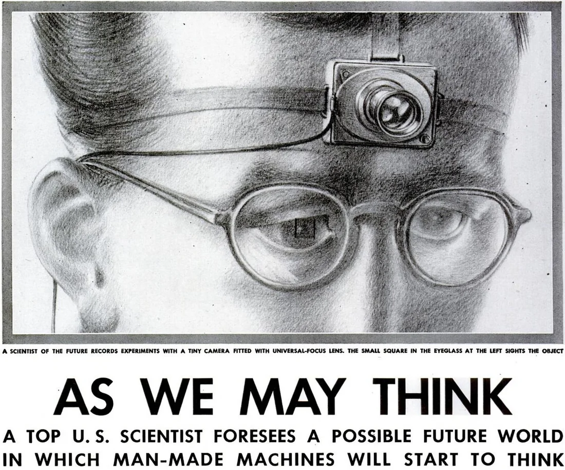 La page d’ouverture de l’article dans LIFE en 1945 : le dessin d’un scientifique portant une caméra frontale fixée à ses lunettes, sous le titre « As We May Think ».