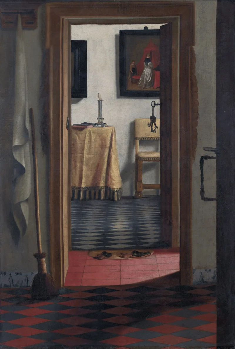 Samuel van Hoogstraten’s painting “The Slippers”: a series of open doorways, a broom leaning against the wall and a pair of slippers left on the tiled floor.