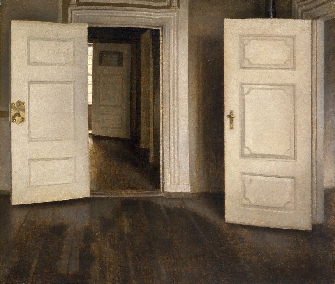 A painting by Vilhelm Hammershøi: two open white doors lead into a string of empty rooms bathed in gray light.
