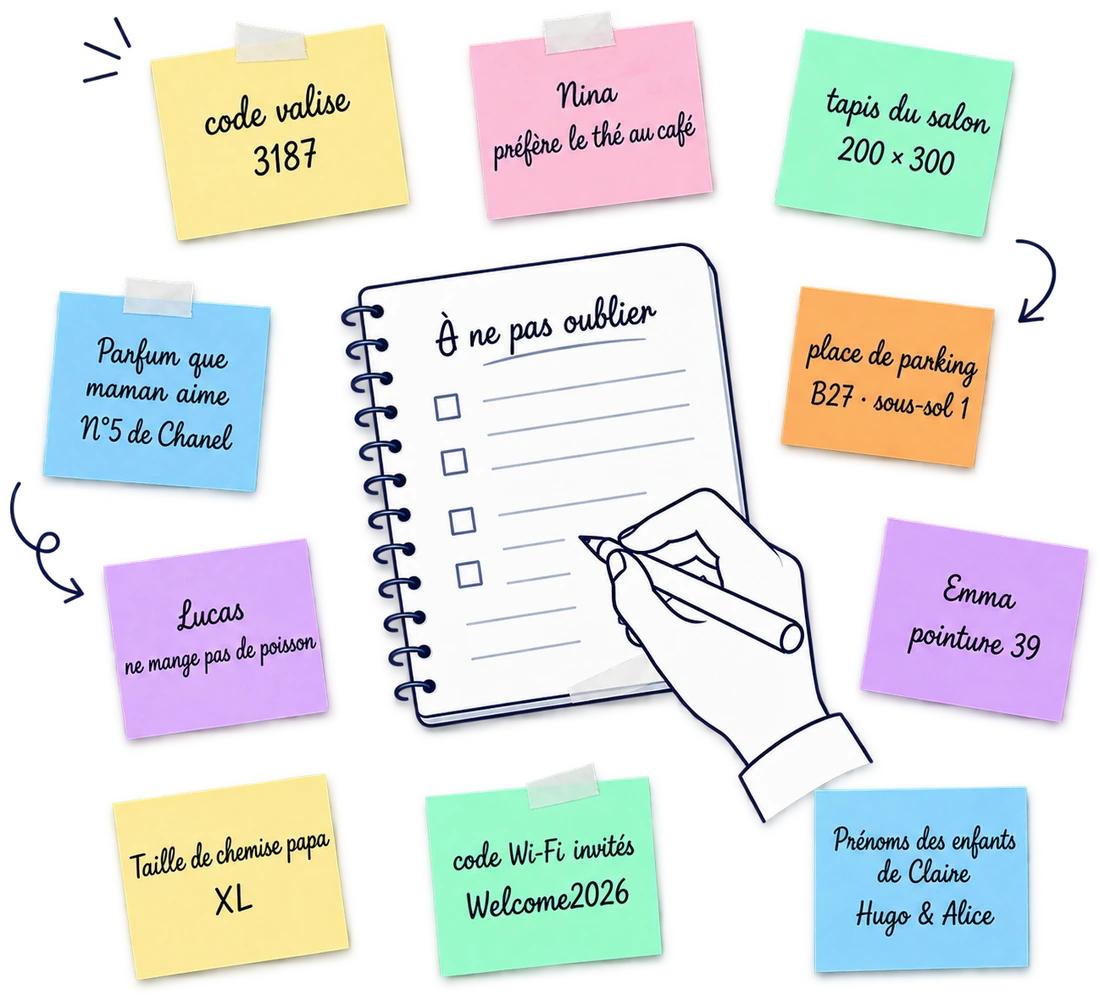 Un carnet ouvert intitulé « À ne pas oublier », entouré de post-it de couleur portant un code de valise, un code wifi, une place de parking et des prénoms.